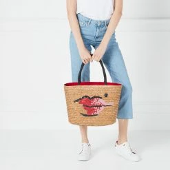 Lulu Guinness NATURAL STRAW BEAUTY SPOT SUZY TOTE BAG BAGS
