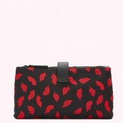 Lulu Guinness TRAVEL BLACK MULTI HANDPAINTED LIPS DOUBLE MAKE UP BAG