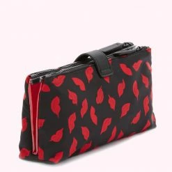 Lulu Guinness TRAVEL BLACK MULTI HANDPAINTED LIPS DOUBLE MAKE UP BAG