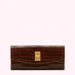 Lulu Guinness CHOCOLATE LIP TURNLOCK CROC EMBOSSED LUCIA WALLET ACCESSORIES