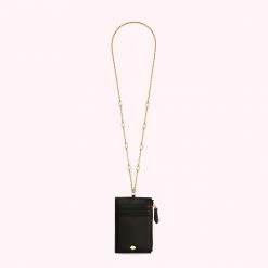 Lulu Guinness BLACK LEATHER TEMPLE LANYARD Timeless Black