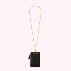 Lulu Guinness BLACK LEATHER TEMPLE LANYARD Timeless Black