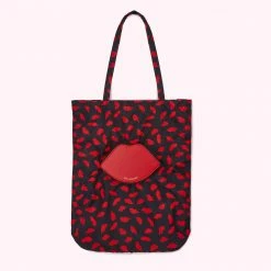 Lulu Guinness BLACK MULTI HANDPAINTED LIPS FOLDAWAY SHOPPER