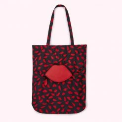 Lulu Guinness BLACK MULTI HANDPAINTED LIPS FOLDAWAY SHOPPER