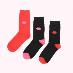 Lulu Guinness BLACK PINK AND RED LIP BLOT ANKLE SOCKS - 3 PAIRS