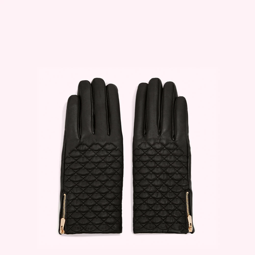 Lulu Guinness Timeless Black BLACK EMBROIDERED LIPS LEATHER GLOVES 3 Lulu Guinness Timeless Black BLACK EMBROIDERED LIPS LEATHER GLOVES
