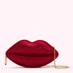 Lulu Guinness LULU RED MEDIUM SATIN LIPS CLUTCH BAG WITH SWAROVSKI® CRYSTALS