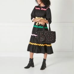 Lulu Guinness BLACK LG PRINT RUFFLES MIA TOTE BAG WITH POUCH BAGS