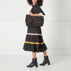 Lulu Guinness BLACK LG PRINT RUFFLES MIA TOTE BAG WITH POUCH BAGS