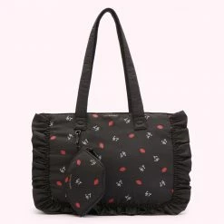 Lulu Guinness BLACK LG PRINT RUFFLES MIA TOTE BAG WITH POUCH BAGS