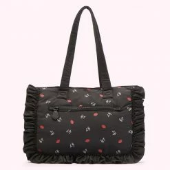 Lulu Guinness BLACK LG PRINT RUFFLES MIA TOTE BAG WITH POUCH BAGS