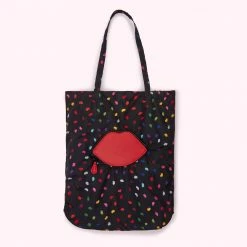 Lulu Guinness BLACK MULTI CONFETTI LIP FOLDAWAY SHOPPER BAGS