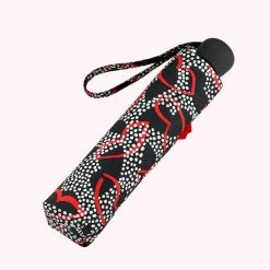 Lulu Guinness BLACK CHALK RED DOTTIE LIPS TINY UMBRELLA Timeless Black